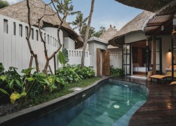 Private boutique hotel villa in Bali with small pool, garden, and open bedroom area.