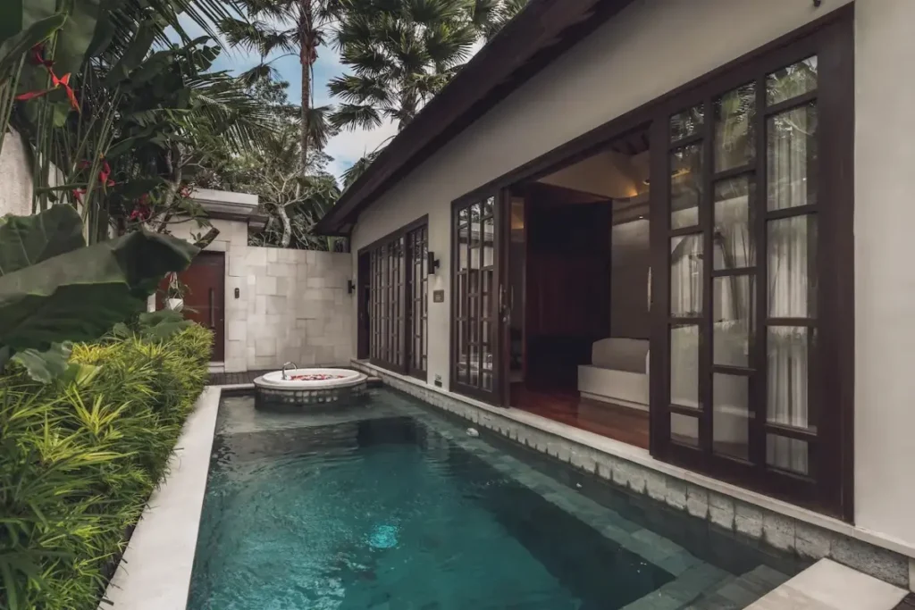 Private villa with pool and garden, showing quiet luxury resort stay experience in Bali.