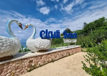 Large swan statues and Melasti Beach Ungasan sign near cliffs and ocean views in southern Bali.