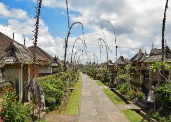 Walking path in Penglipuran Village Bali with traditional houses and cultural scenery.