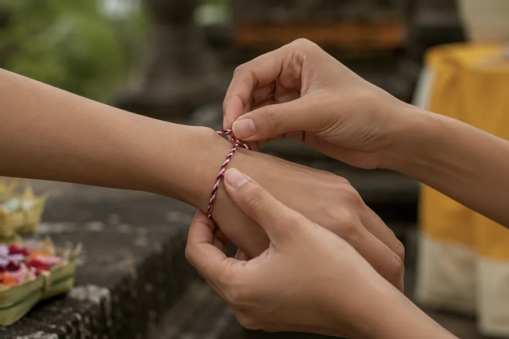 Hands tie a Tridatu bracelet on a wrist during a Balinese blessing ceremony, symbolizing spiritual protection and balance.