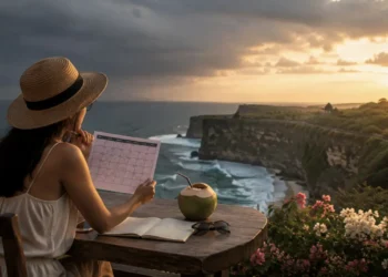 A traveler checks a calendar while overlooking Bali cliffs, helping plan the best time to visit Bali.