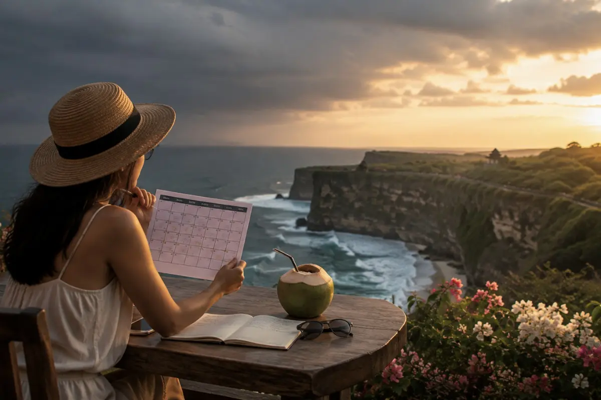 A traveler checks a calendar while overlooking Bali cliffs, helping plan the best time to visit Bali.
